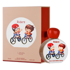 Lattafa Riders Eau De Parfum, bottle and packaging featuring cartoon illustration of two children riding bicycles.
