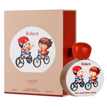Lattafa Riders Eau De Parfum, bottle and packaging featuring cartoon illustration of two children riding bicycles.
