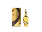 A luxurious perfume bottle and its matching box from Khadlaj Perfumes. The box is gold with black and red accents, featuring the brand name "Rimaal" in elegant script. The bottle is gold with intricate black and red detailing, designed with an ornate, curved shape that exudes elegance and sophistication.