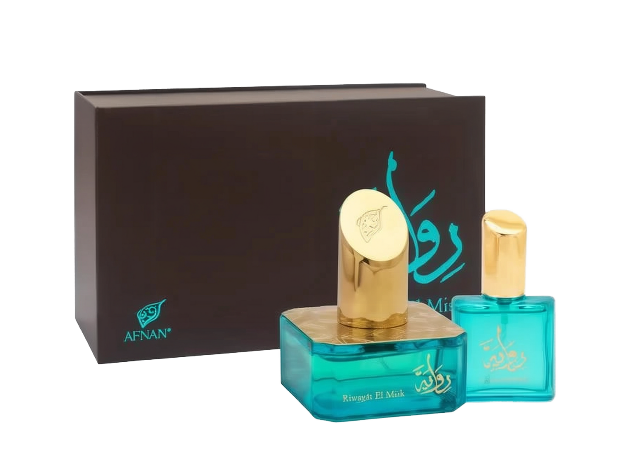 The image presents a pair of perfume bottles against the backdrop of a dark brown box with the brand's logo "AFNAN" in a teal color at the lower left corner. The box features a calligraphic design in teal, likely the perfume's name in Arabic script. The larger perfume bottle has a square base made of translucent teal glass, with a thick gold band around its neck and a round golden cap embossed with a floral emblem.