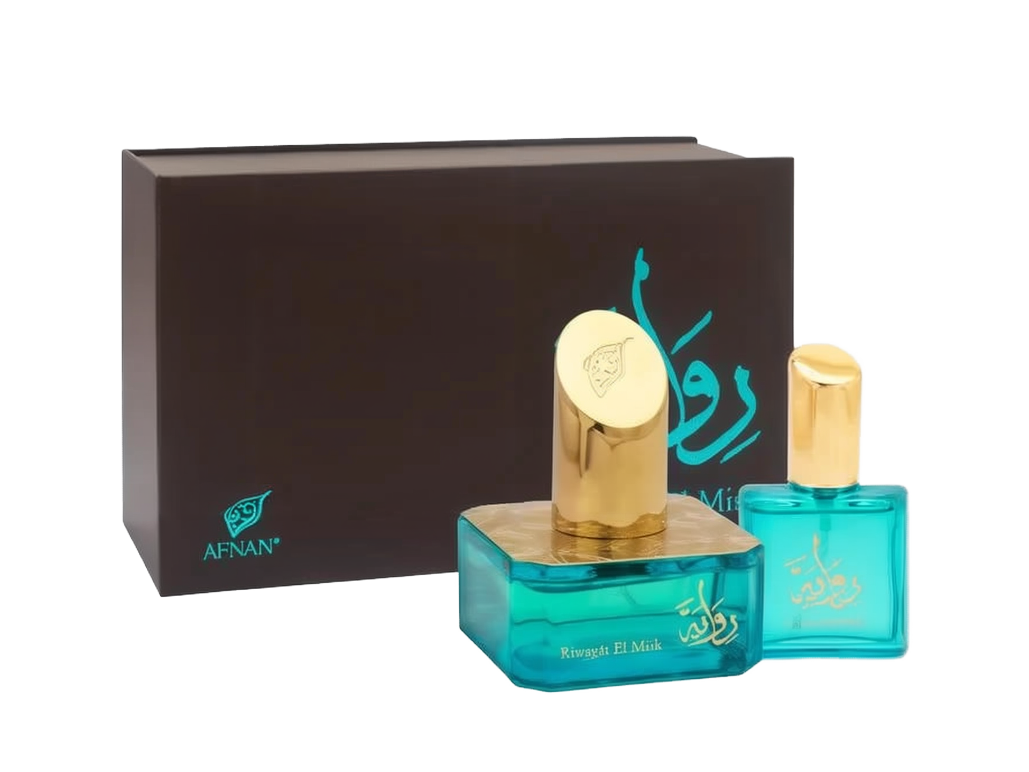 The image presents a pair of perfume bottles against the backdrop of a dark brown box with the brand's logo "AFNAN" in a teal color at the lower left corner. The box features a calligraphic design in teal, likely the perfume's name in Arabic script. The larger perfume bottle has a square base made of translucent teal glass, with a thick gold band around its neck and a round golden cap embossed with a floral emblem.