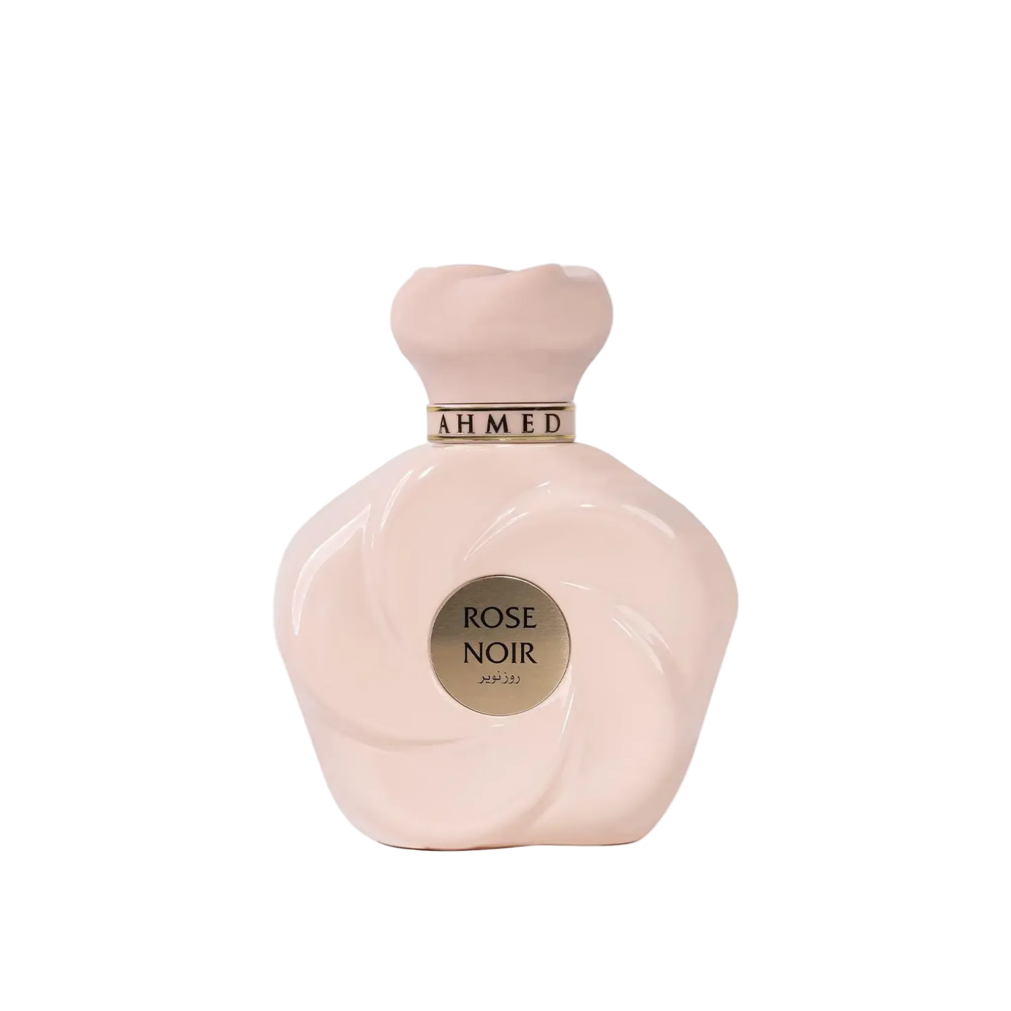 Rose Noir perfume bottle by Ahmed in a soft blush pink sculpted design with a matching cap and gold accent collar.