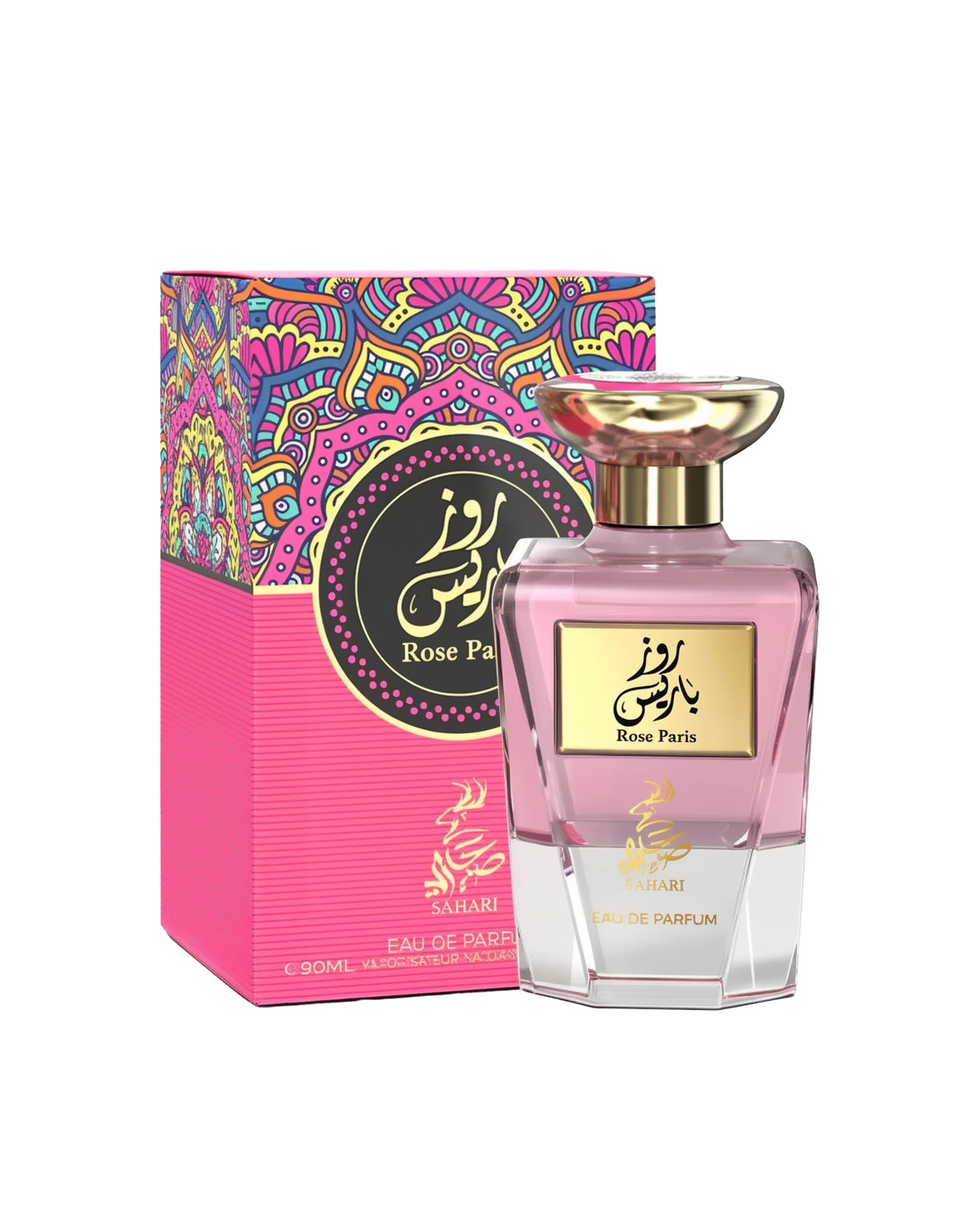 A vibrant and elegant presentation of "Rose Paris" by Sahari. A pink perfume bottle with a gold cap and a gold label.