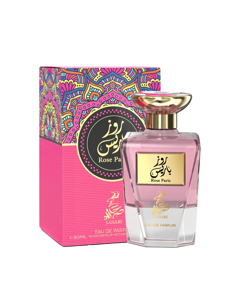 A vibrant and elegant presentation of "Rose Paris" by Sahari. A pink perfume bottle with a gold cap and a gold label.