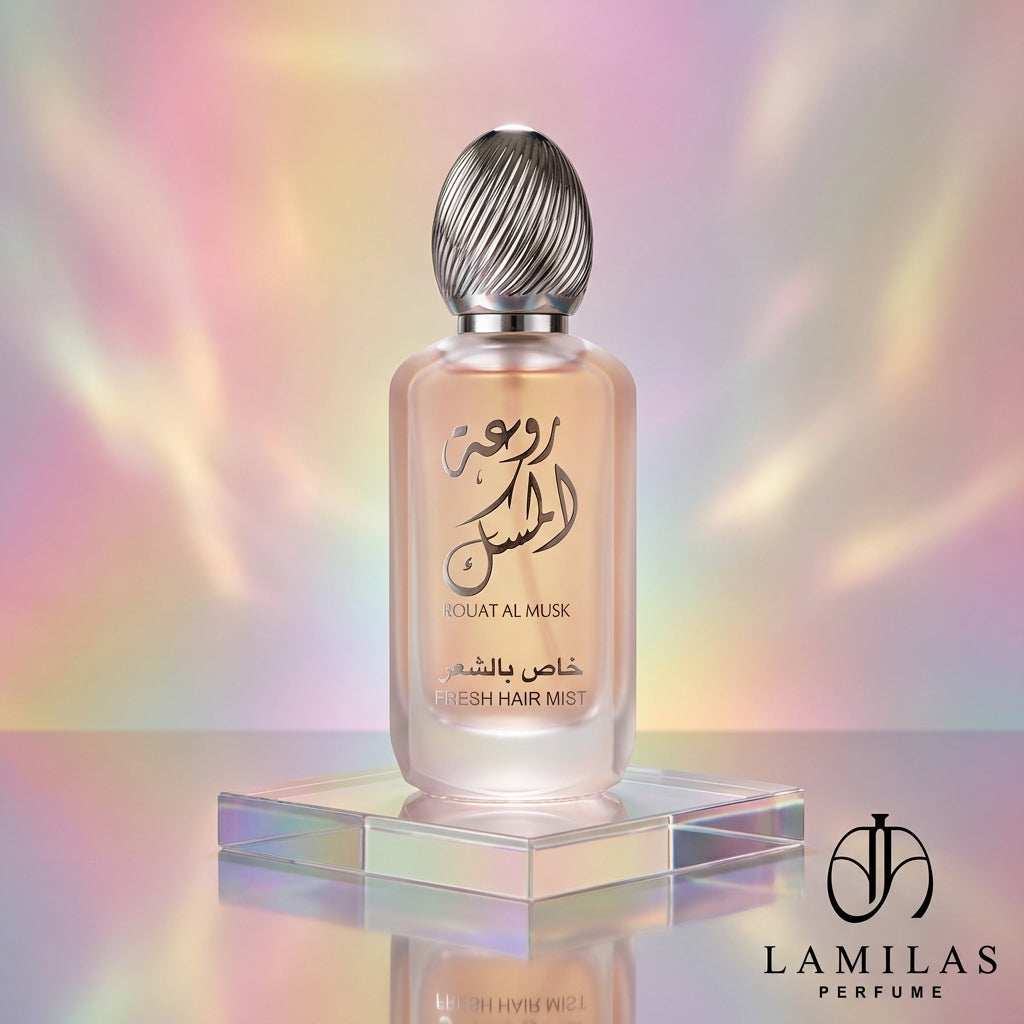 Rouat Al Musk Hair Mist bottle with a silver cap on a clear riser, set against a shimmering pastel background.