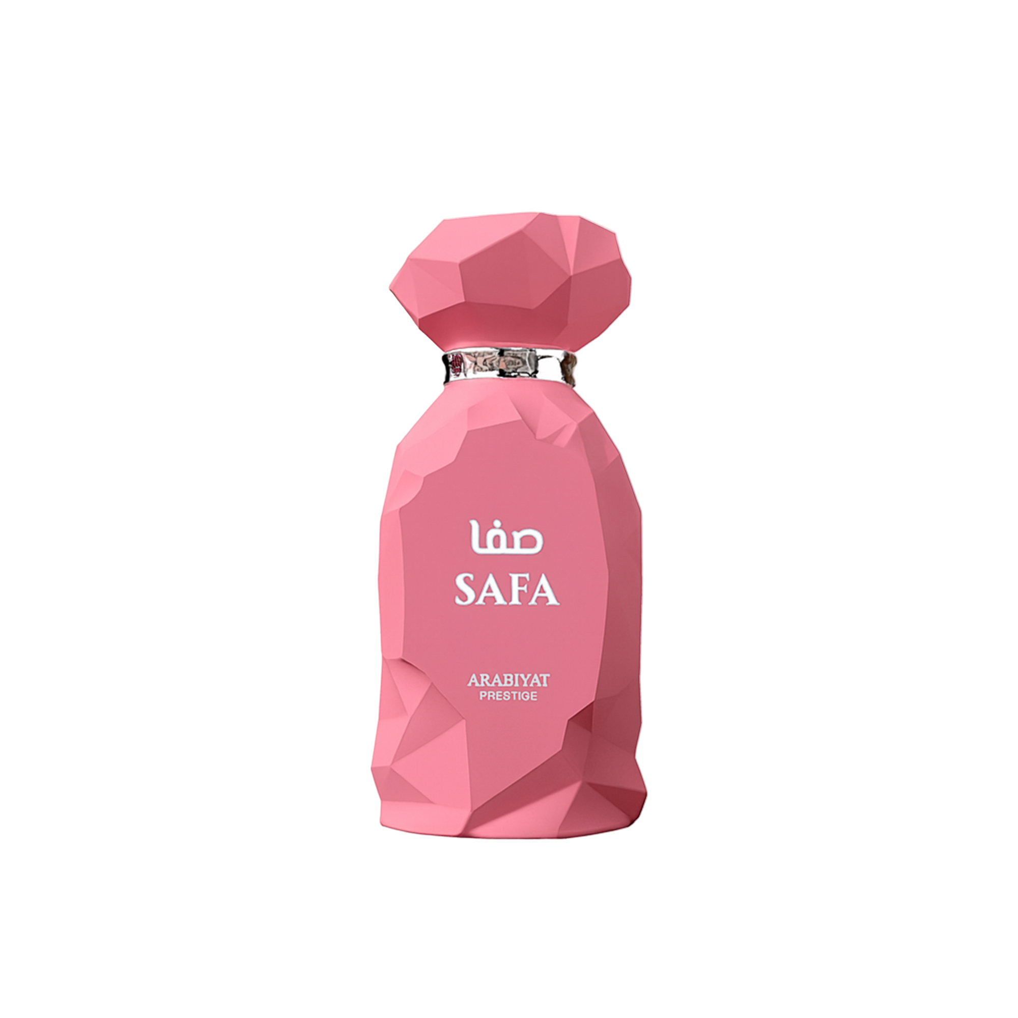 Arabiyat Prestige Safa perfume bottle in faceted pink design with silver collar and white lettering.