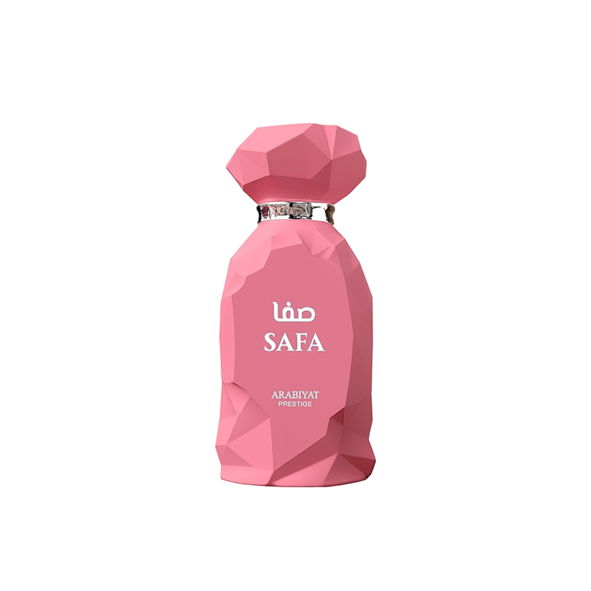 Arabiyat Prestige Safa perfume bottle in faceted pink design with silver collar and white lettering.