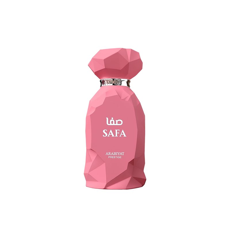 Arabiyat Prestige Safa perfume bottle in faceted pink design with silver collar and white lettering.