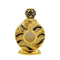 The image displays an ornate perfume bottle:  The bottle has a spherical shape with a flat base, finished in a shiny gold color. It features black and gold patterned designs with inset gem-like crystals. The central part of the bottle has a frosted glass panel. The top of the bottle has a spherical, patterned gold cap.