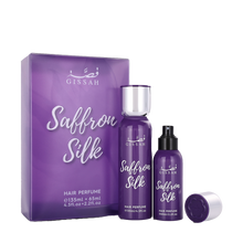 Purple Gissah Saffron Silk Hair Perfume set with two bottles and matching packaging box displaying product name.