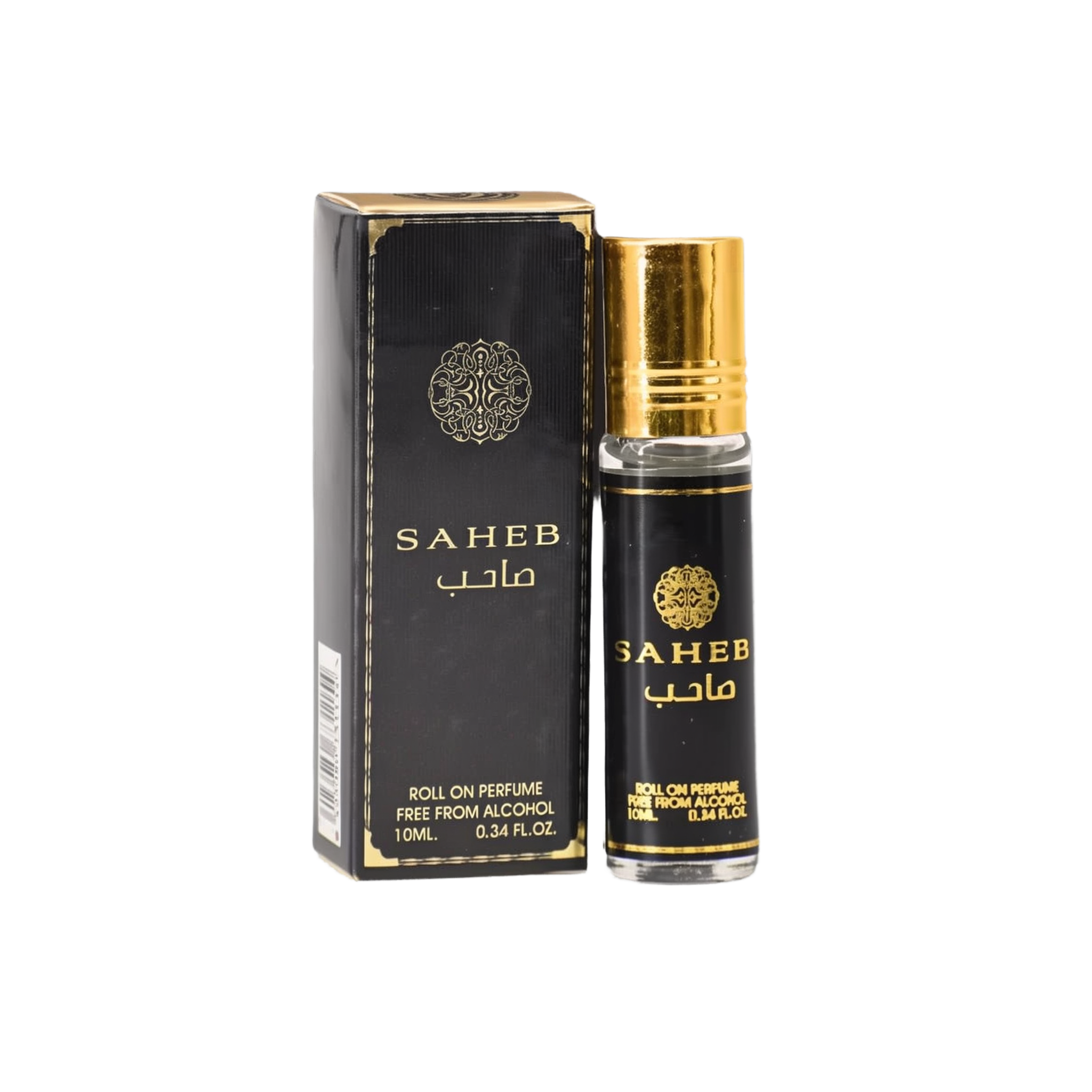 The image shows a product named "Saheb," which is a roll-on perfume oil by Ard Al Zaafaran.  The bottle and its accompanying box feature a sleek black design with gold accents.  The box also has a decorative emblem and a barcode on one side.
