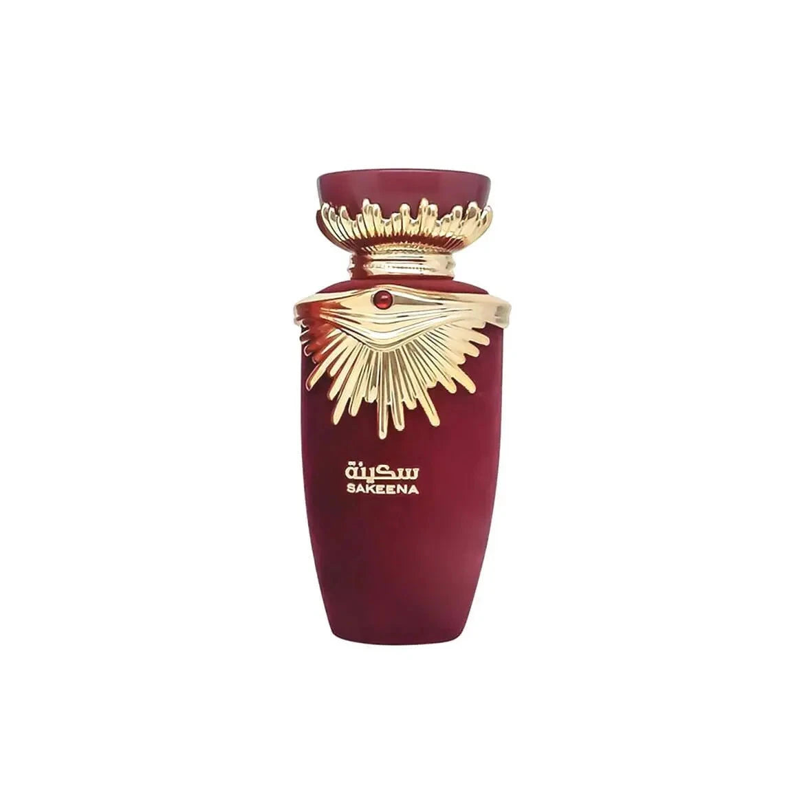 The image shows a perfume bottle from the brand Lattafa, specifically the "SAKEENA" fragrance. The bottle is maroon with a tapered shape and features a golden, ornate lid that resembles a crown, complete with a gemstone accent in the center. The design elements suggest a luxurious and exotic scent. "SAKEENA" is written in gold Arabic calligraphy on the body of the bottle, which is set against a plain background, emphasizing the bottle's elegant design and rich color palette.