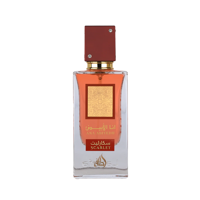 Rectangular perfume bottle with red cap and Scarlet Ana Abiyedh Lattafa branding in gold and red.