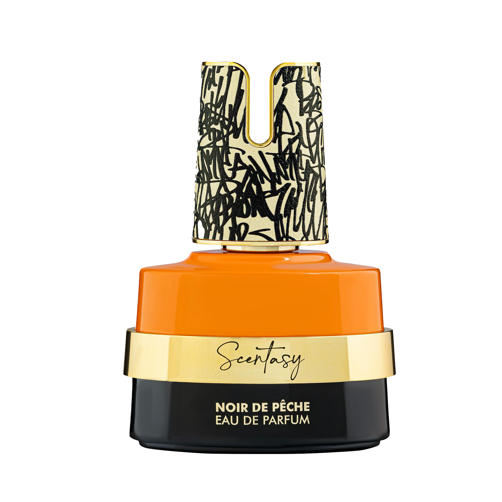 Scentasy Noir De Pêche Eau De Parfum bottle with orange top, gold label, and black graffiti-style cap.