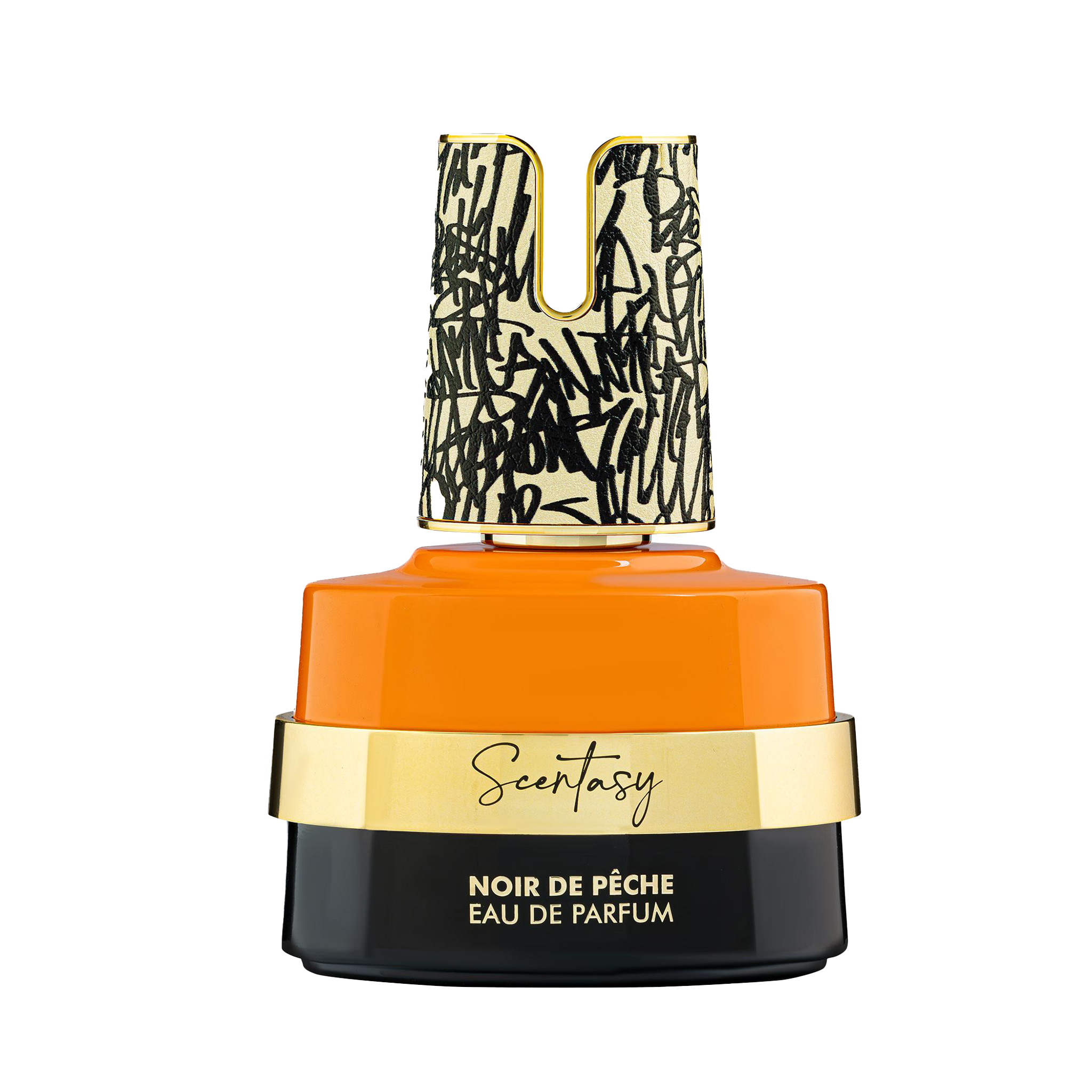 Scentasy Noir De Pêche Eau De Parfum bottle with orange top, gold label, and black graffiti-style cap.