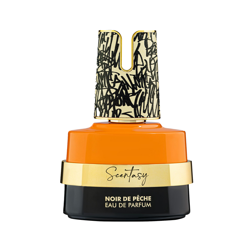 Scentasy Noir De Pêche Eau De Parfum bottle with orange top, gold label, and black graffiti-style cap.