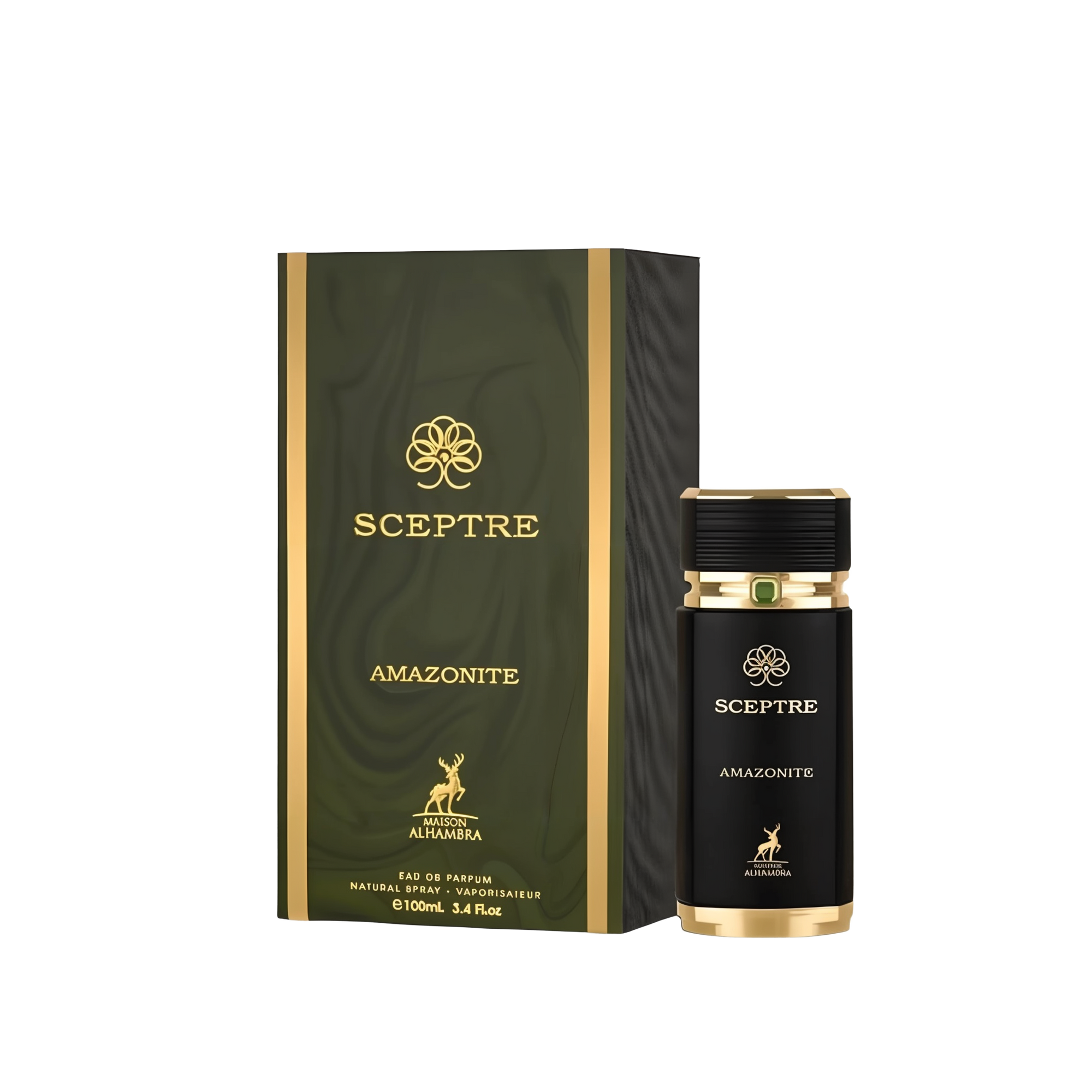 The image shows a product called "Sceptre Amazonite" by Maison Alhambra. The product consists of a black and gold bottle of Eau de Parfum and its corresponding box. The box is dark green with gold accents and features the brand name "Sceptre" in gold lett