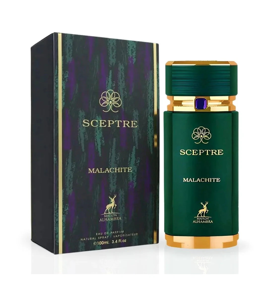 A dark green rectangular box with subtle purple and gold detailing labeled ‘Sceptre Malachite’ by Maison Alhambra, shown beside a matching dark green cylindrical perfume bottle featuring gold accents and a blue jewel-like element near the top.