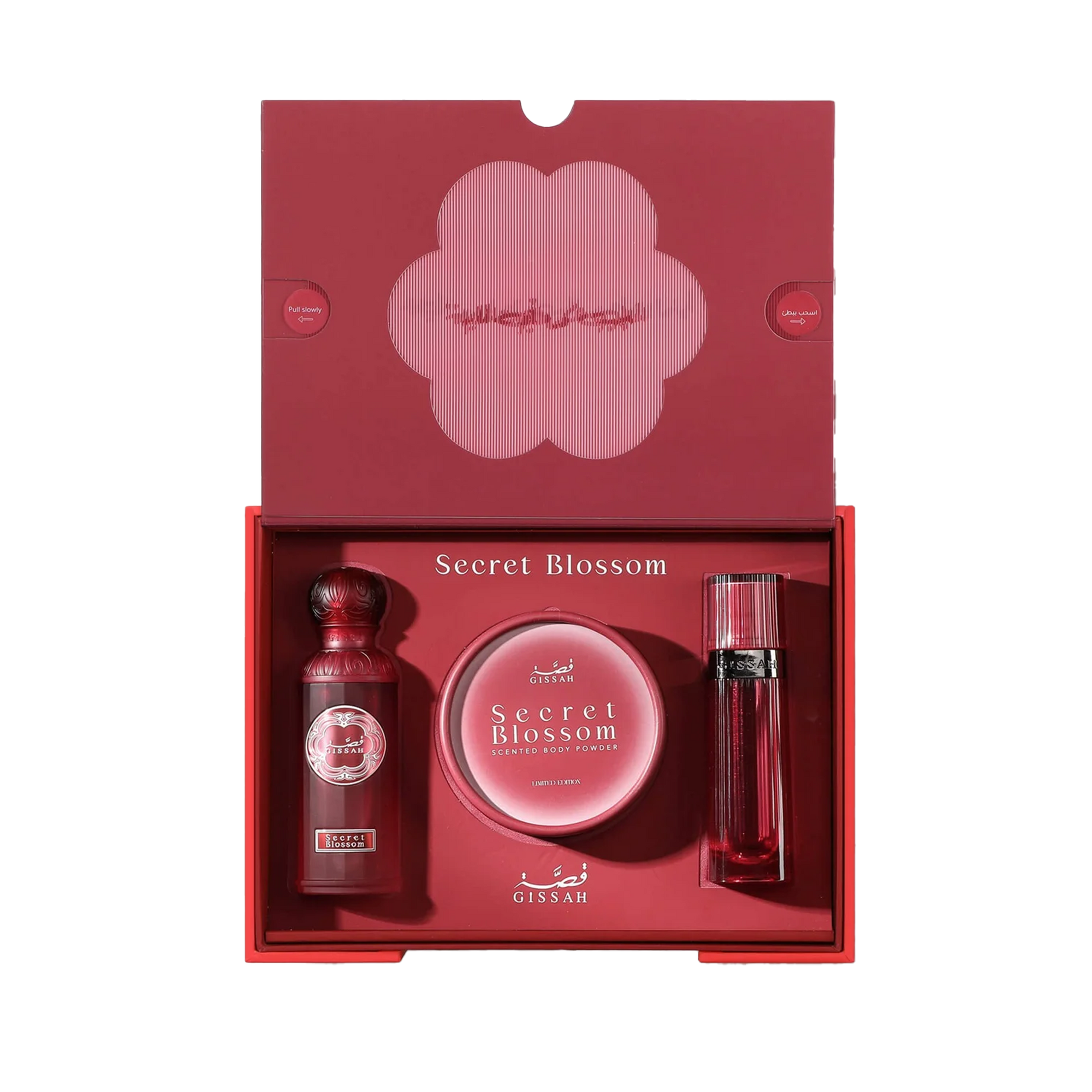 Gissah Secret Blossom gift set with perfume, scented body powder, and body spray in red packaging.