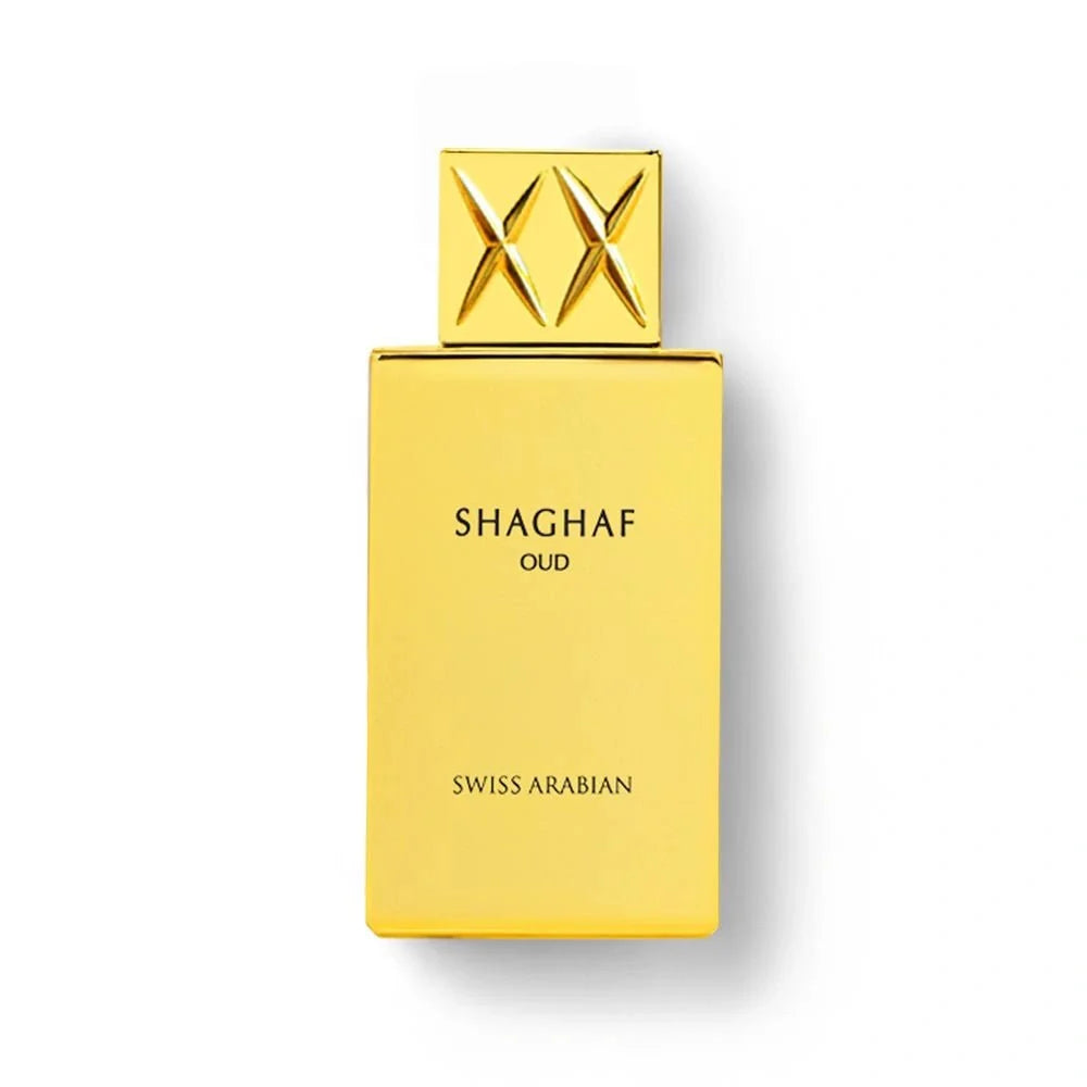 A rectangular gold perfume bottle with a matching gold cap featuring a stylized 'XX' design, labeled 'SHAGHAF OUD' and 'SWISS ARABIAN', on a white background.