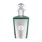 Green and silver perfume bottle with ornate embossed design and Sherif Lattafa branding on front.
