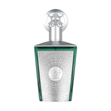 Green and silver perfume bottle with ornate embossed design and Sherif Lattafa branding on front.