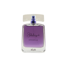 Shuhrah Pour Femme Sensuelle perfume bottle with purple liquid and clear rectangular cap.