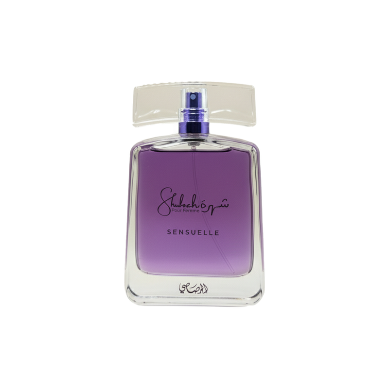Shuhrah Pour Femme Sensuelle perfume bottle with purple liquid and clear rectangular cap.
