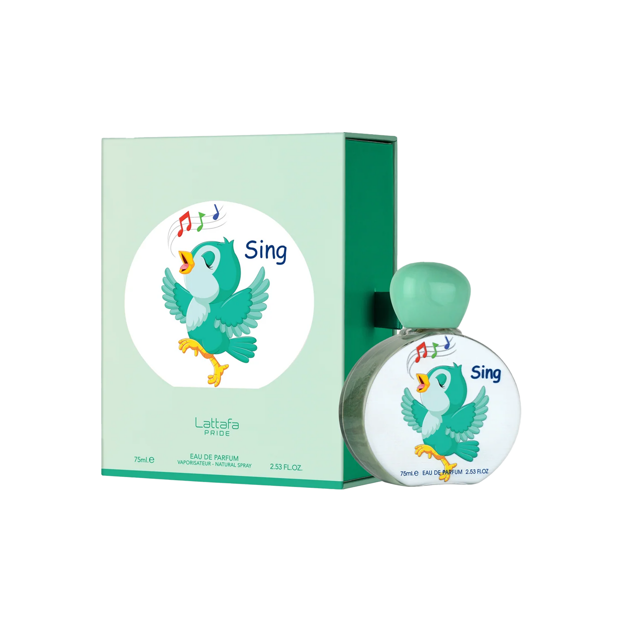Lattafa Sing perfume with mint green box and round bottle featuring a singing cartoon bird.