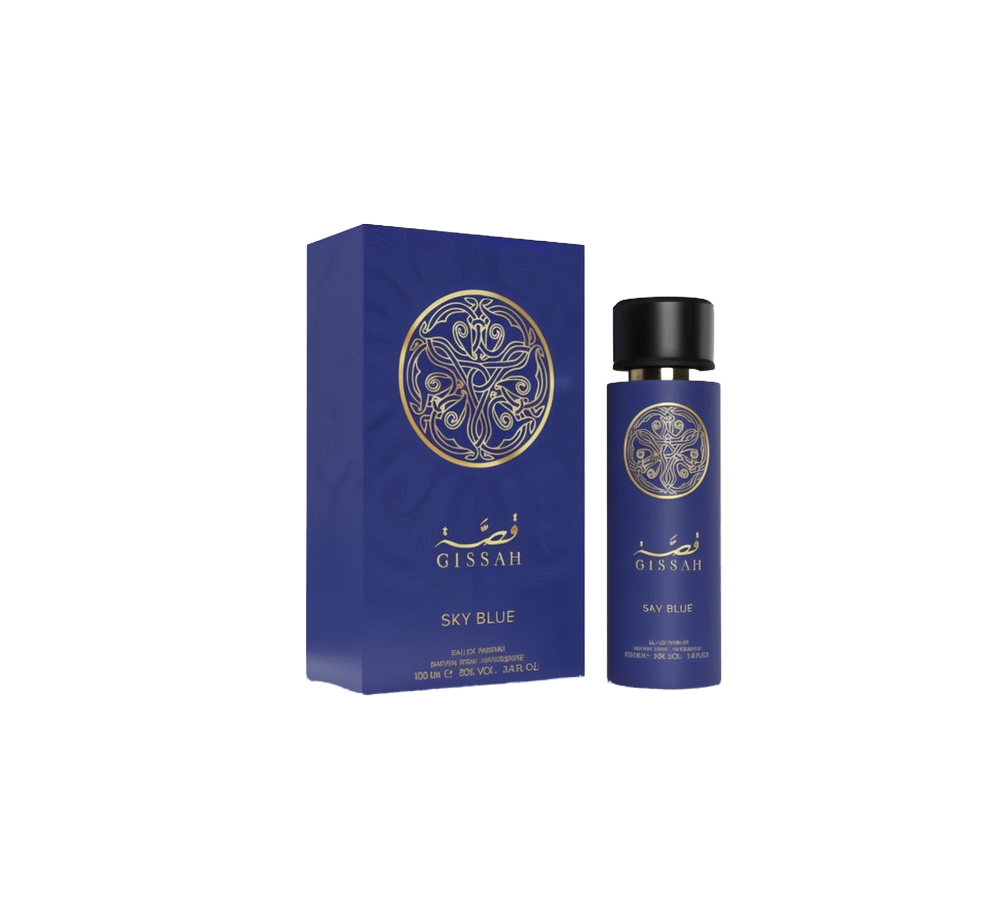 An image of “Gissah Sky Blue” perfume against a white background: on the left, a tall matte royal-blue rectangular gift box bearing a circular gold-foil arabesque emblem above Arabic calligraphy and the words “Gissah Sky Blue,” along with the Le Falcone logo and “Eau De Parfum 100ml 3.4?fl?oz” printed at the bottom.
