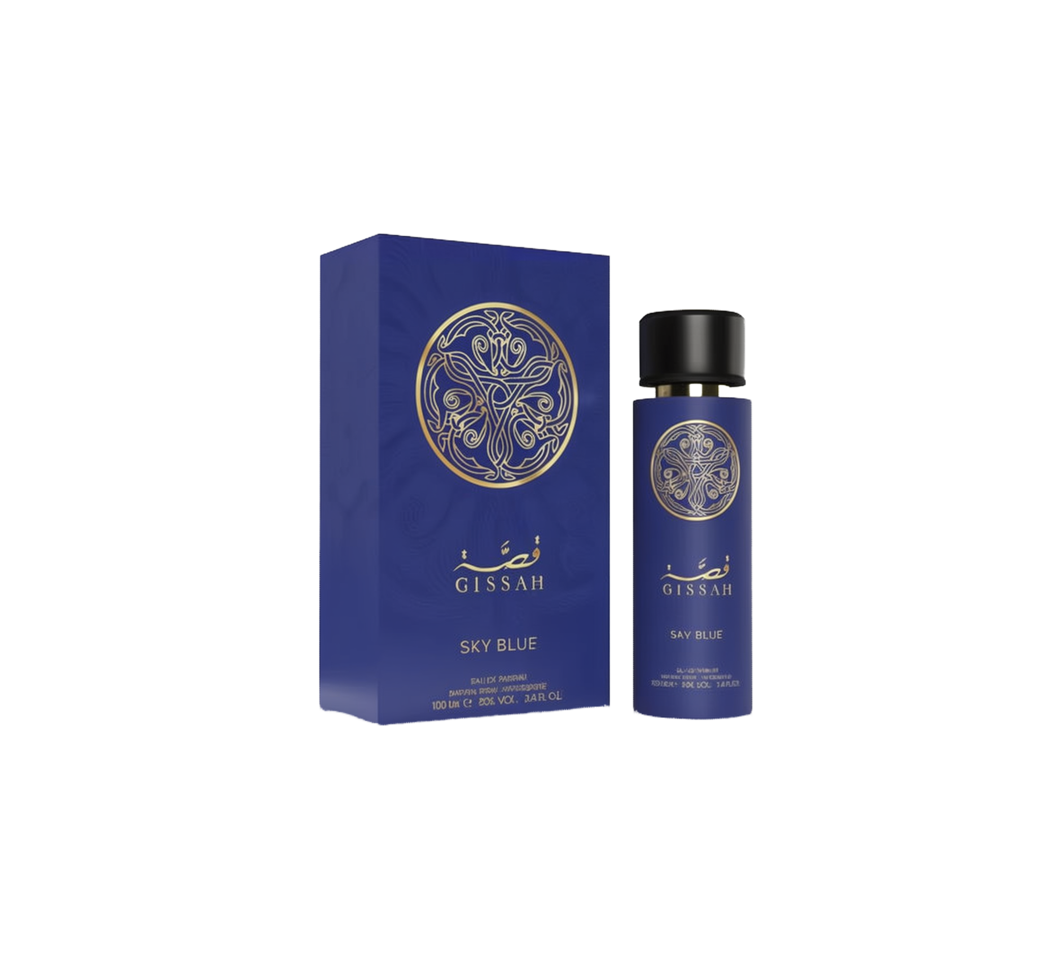 An image of “Gissah Sky Blue” perfume against a white background: on the left, a tall matte royal-blue rectangular gift box bearing a circular gold-foil arabesque emblem above Arabic calligraphy and the words “Gissah Sky Blue,” along with the Le Falcone logo and “Eau De Parfum 100ml 3.4?fl?oz” printed at the bottom.