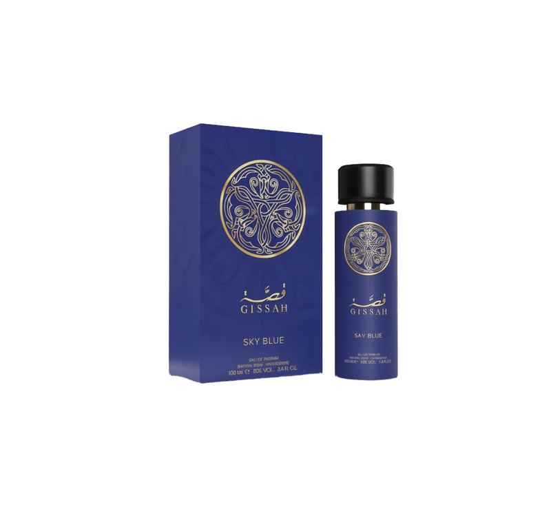 An image of “Gissah Sky Blue” perfume against a white background: on the left, a tall matte royal-blue rectangular gift box bearing a circular gold-foil arabesque emblem above Arabic calligraphy and the words “Gissah Sky Blue,” along with the Le Falcone logo and “Eau De Parfum 100ml 3.4?fl?oz” printed at the bottom.