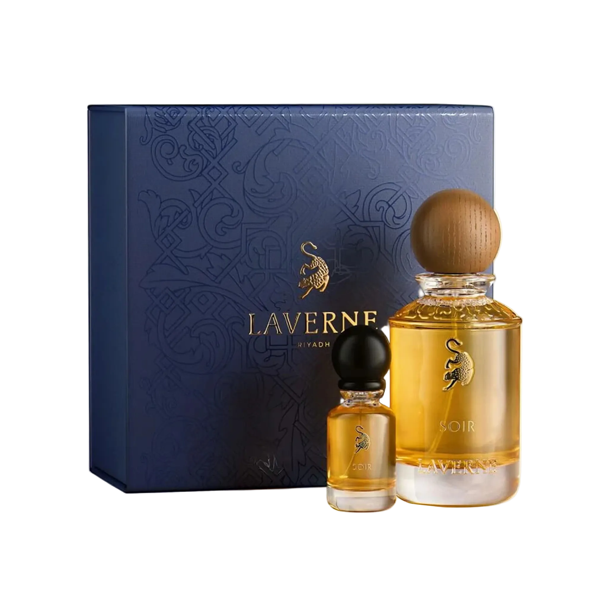 Soir perfume by Laverne with amber glass bottles and navy presentation box.