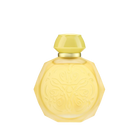 A yellow octagonal perfume bottle with intricate embossed designs on the front. The bottle features a matching yellow cap and a gold collar, adding a touch of elegance to its vibrant appearance. The design elements give the bottle a sophisticated and luxurious look, perfect for a high-end fragrance.