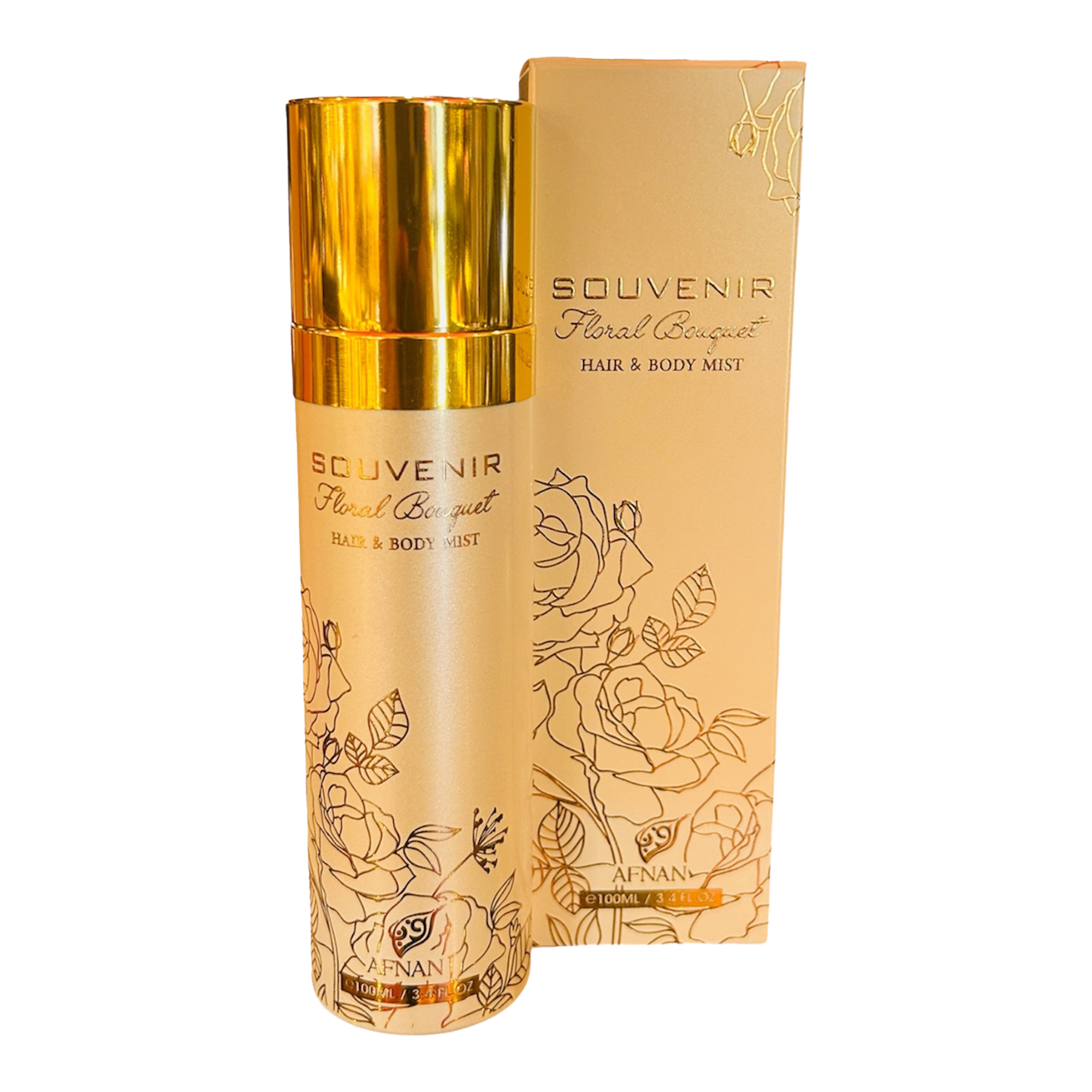 Afnan Souvenir Floral Bouquet Hair & Body Mist in a gold bottle with floral line art and matching gold box beside it.