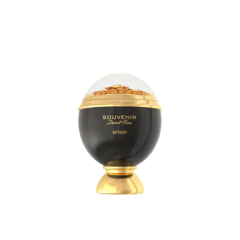 A luxurious and artistic perfume bottle of "Souvenir Desert Rose" by Afnan.