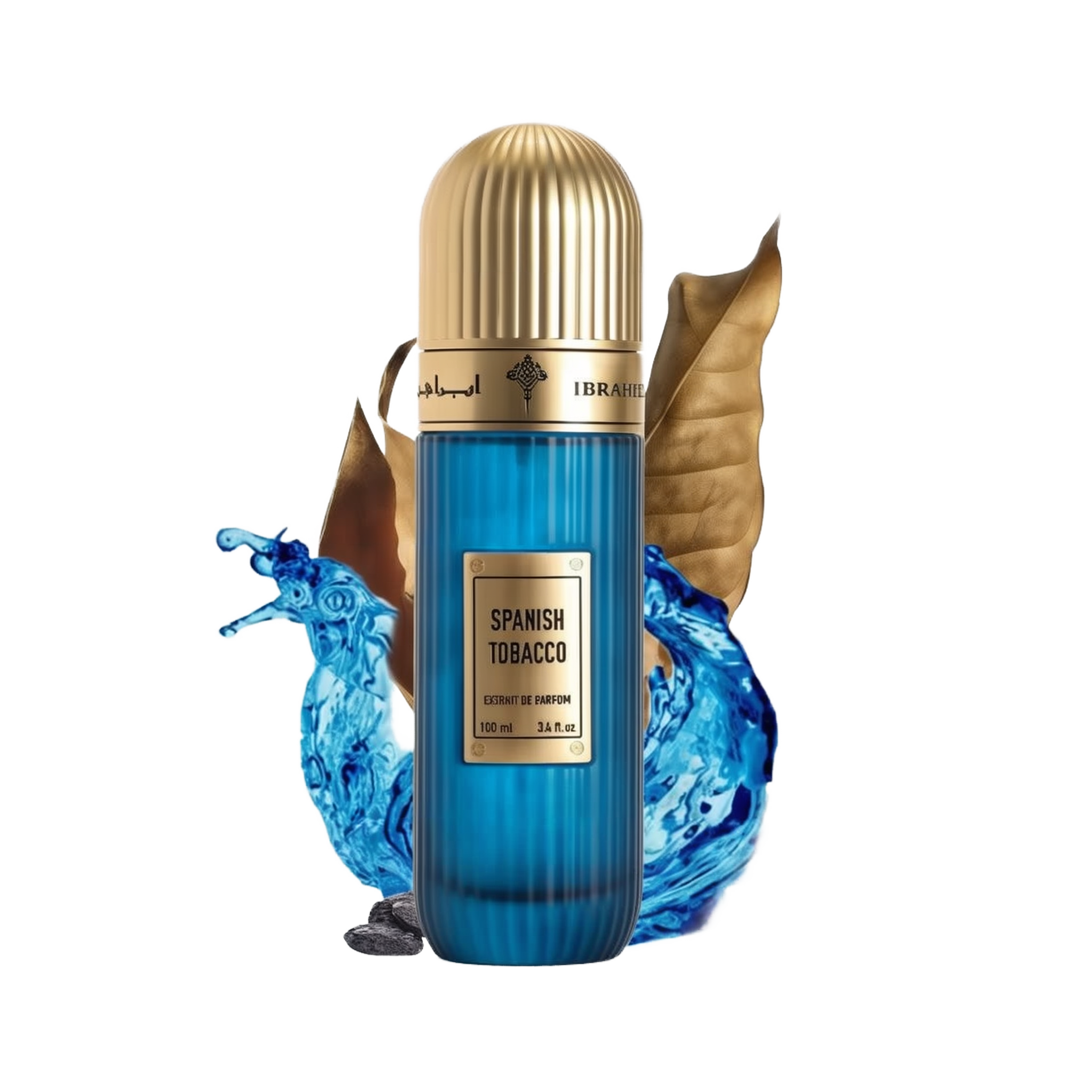 An image featuring a cylindrical perfume bottle with a striking blue color and vertical ribbed texture. The bottle has a luxurious gold cap and a label stating "SPANISH TOBACCO" in bold, with "Extrait de parfum 100 ml 3.4 fl.oz." underneath. Accompanying the bottle are visual elements like a dried brown tobacco leaf, an ornate golden-brown container, and vibrant blue ink or liquid splashing dynamically around the bottle. 