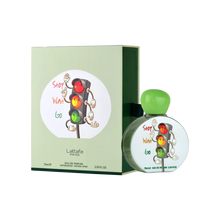 Lattafa Stop Wait Go perfume with green box and round bottle featuring cartoon traffic lights with faces.
