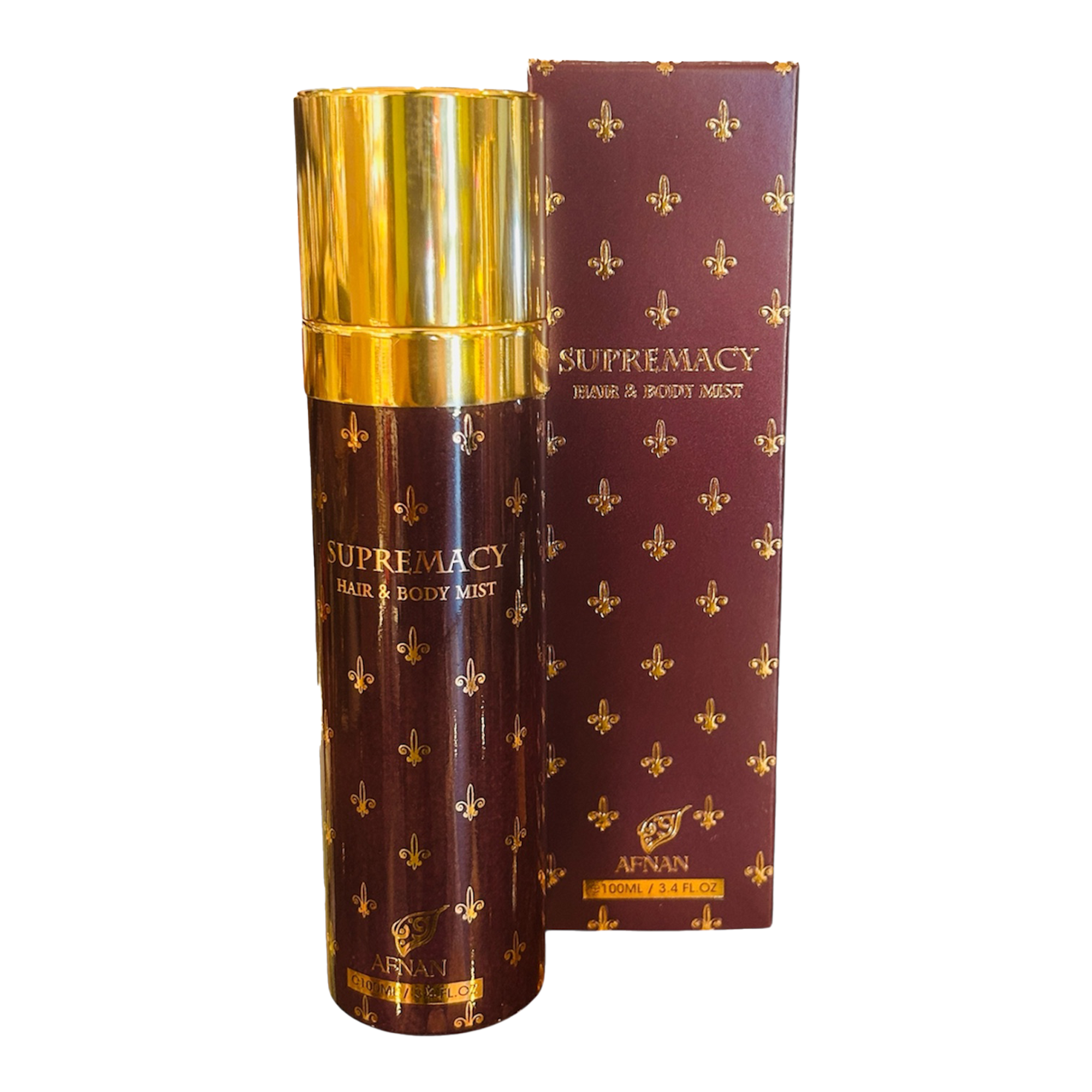 Afnan Supremacy Hair & Body Mist in a burgundy bottle with gold fleur-de-lis pattern and matching box beside it.