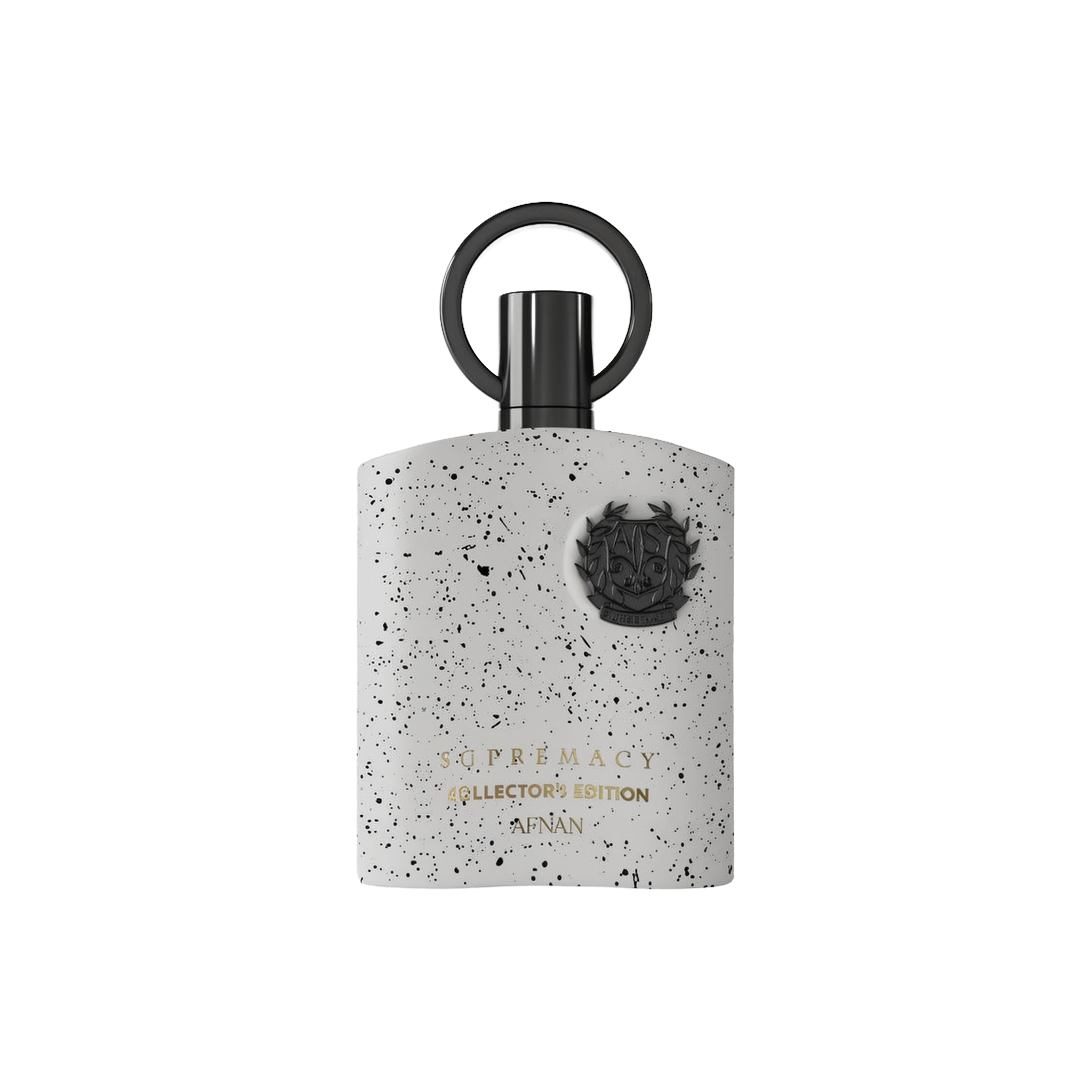 A grey, speckled fragrance bottle from Afnan’s Supremacy Collector’s Edition, featuring a circular black cap handle and an embossed black emblem on the front, displayed against a white background.
