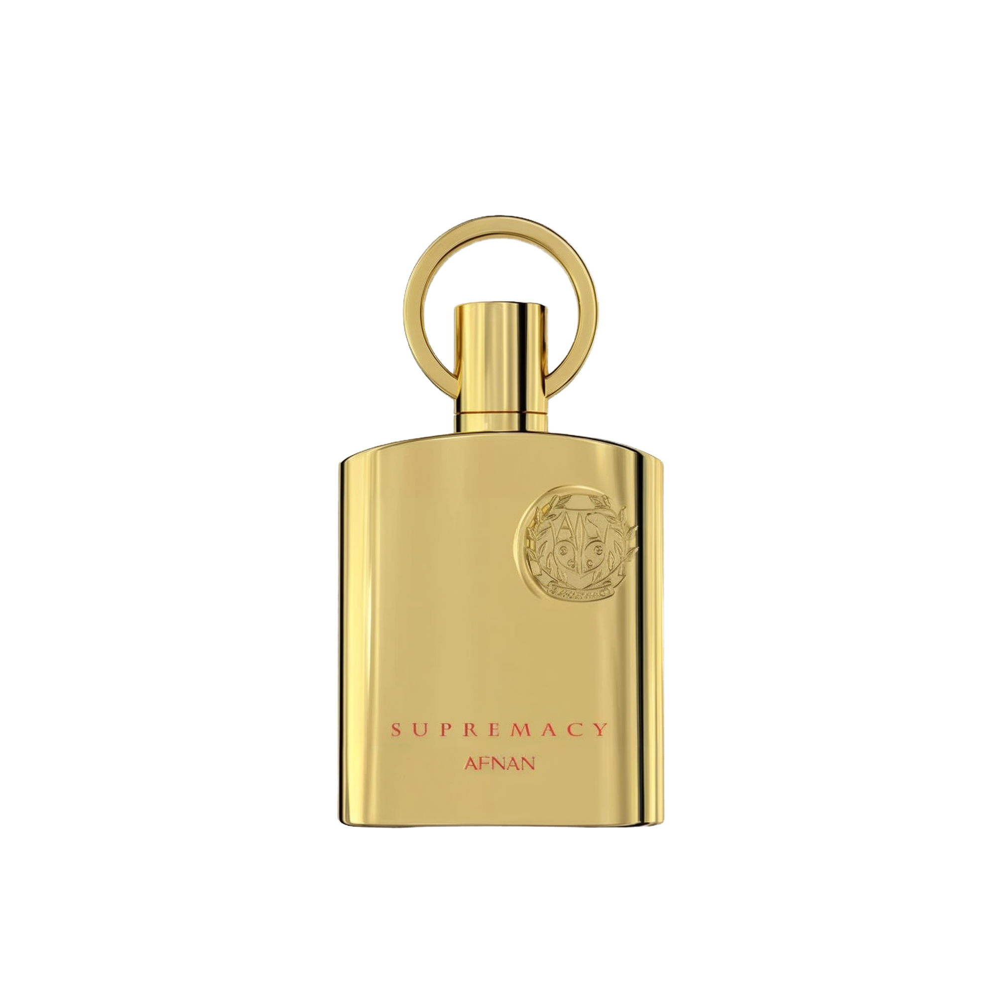 The image shows a bottle of "Supremacy" eau de parfum by Afnan Perfumes. The bottle is sleek and made of reflective gold metal, giving it a luxurious and elegant appearance. The design features a circular ring attached to the top, which serves as the cap. The front of the bottle is adorned with a raised emblem featuring intricate details, positioned near the top right corner.