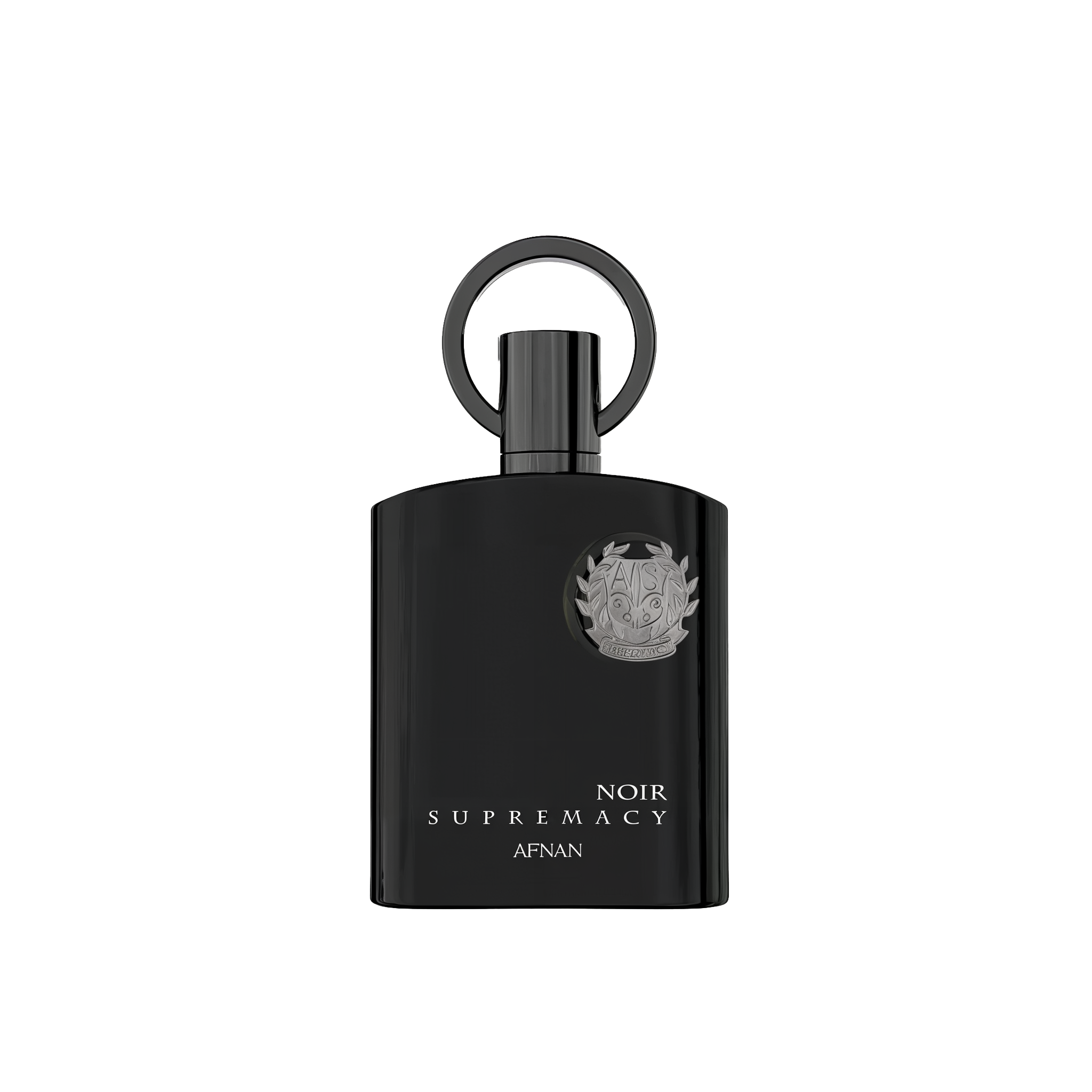 The image shows a sleek, black perfume bottle with a modern design. The bottle has a cylindrical shape with a matte finish and features a metallic emblem in the center. Below the emblem, the text "NOIR SUPREMACY AFNAN" is printed in white, elegant font. The cap of the bottle is integrated into the design, creating a seamless look with a ring-shaped structure at the top. The overall aesthetic is luxurious and contemporary.