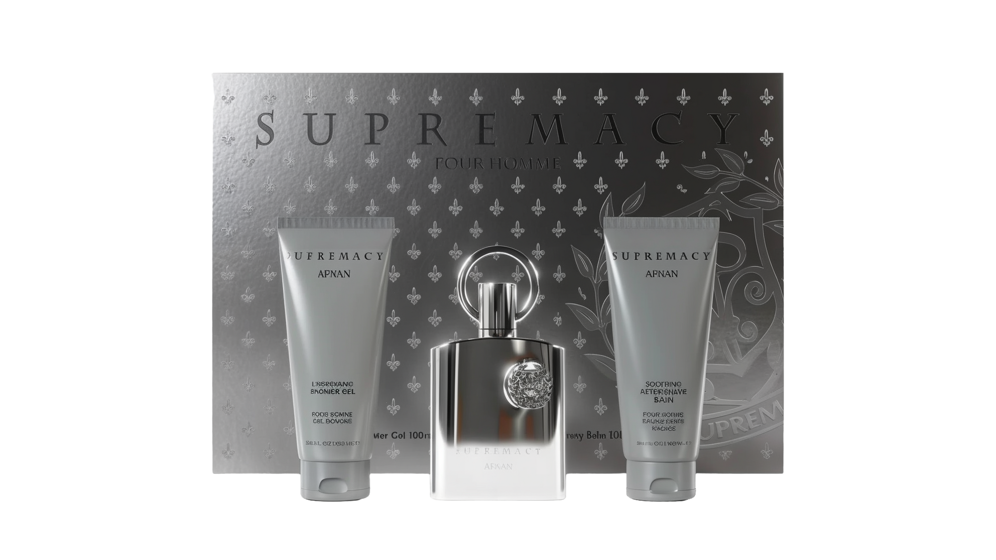 The Supremacy Silver gift set by Afnan Perfumes, featuring a silver perfume bottle with a circular handle, centered between two grey tubes. The tube on the left is the Energizing Shower Gel, and the one on the right is the Soothing After Shave Balm. 