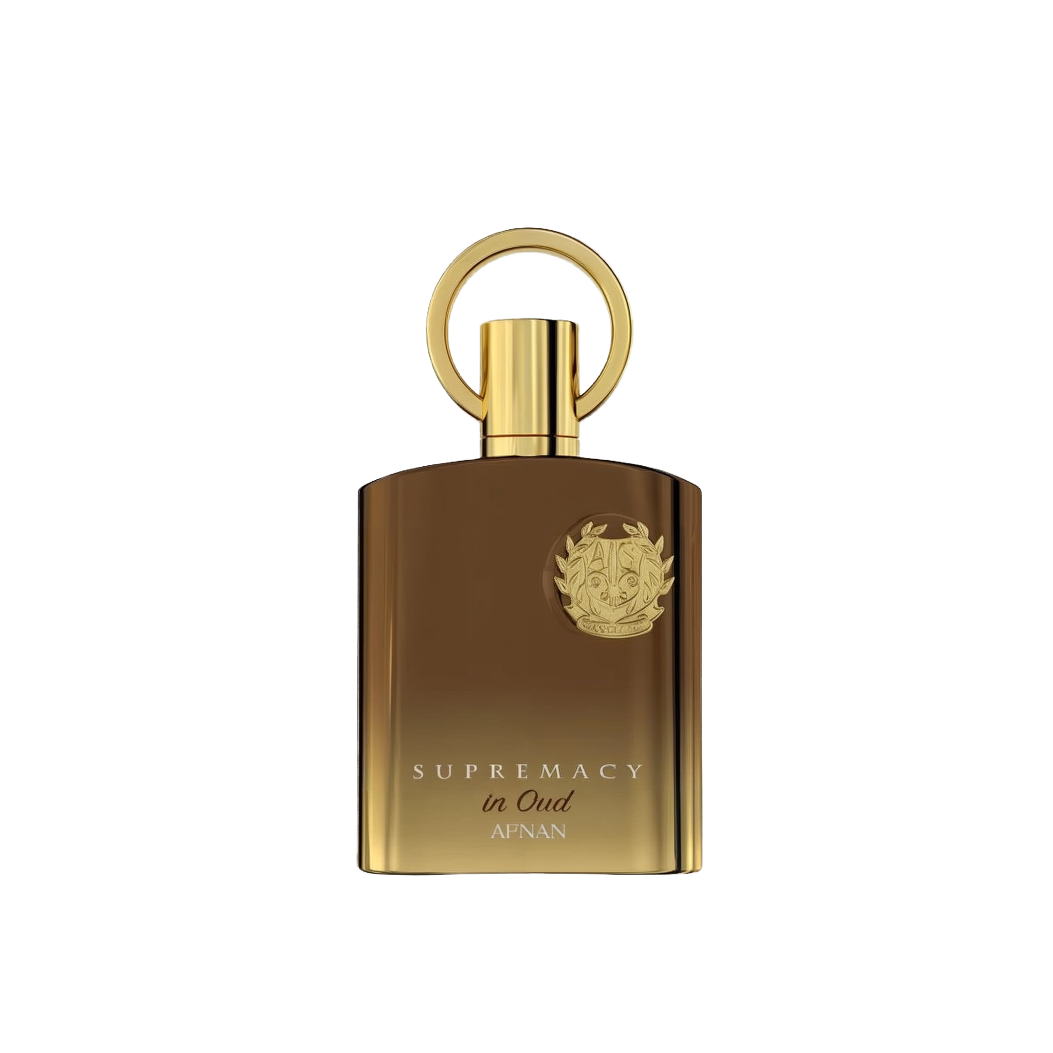 The image shows a luxurious perfume bottle with a sleek, modern design. The bottle appears to be made of a glossy, brown-gold glass with a golden cap that has a circular handle on top, giving it a unique and elegant look. The front of the bottle features a prominent emblem, likely a brand logo, embossed in gold which adds to the opulent aesthetic. Below the emblem, the words "SUPREMACY in Oud AFNAN" are printed in capital letters, indicating the fragrance name and brand. 