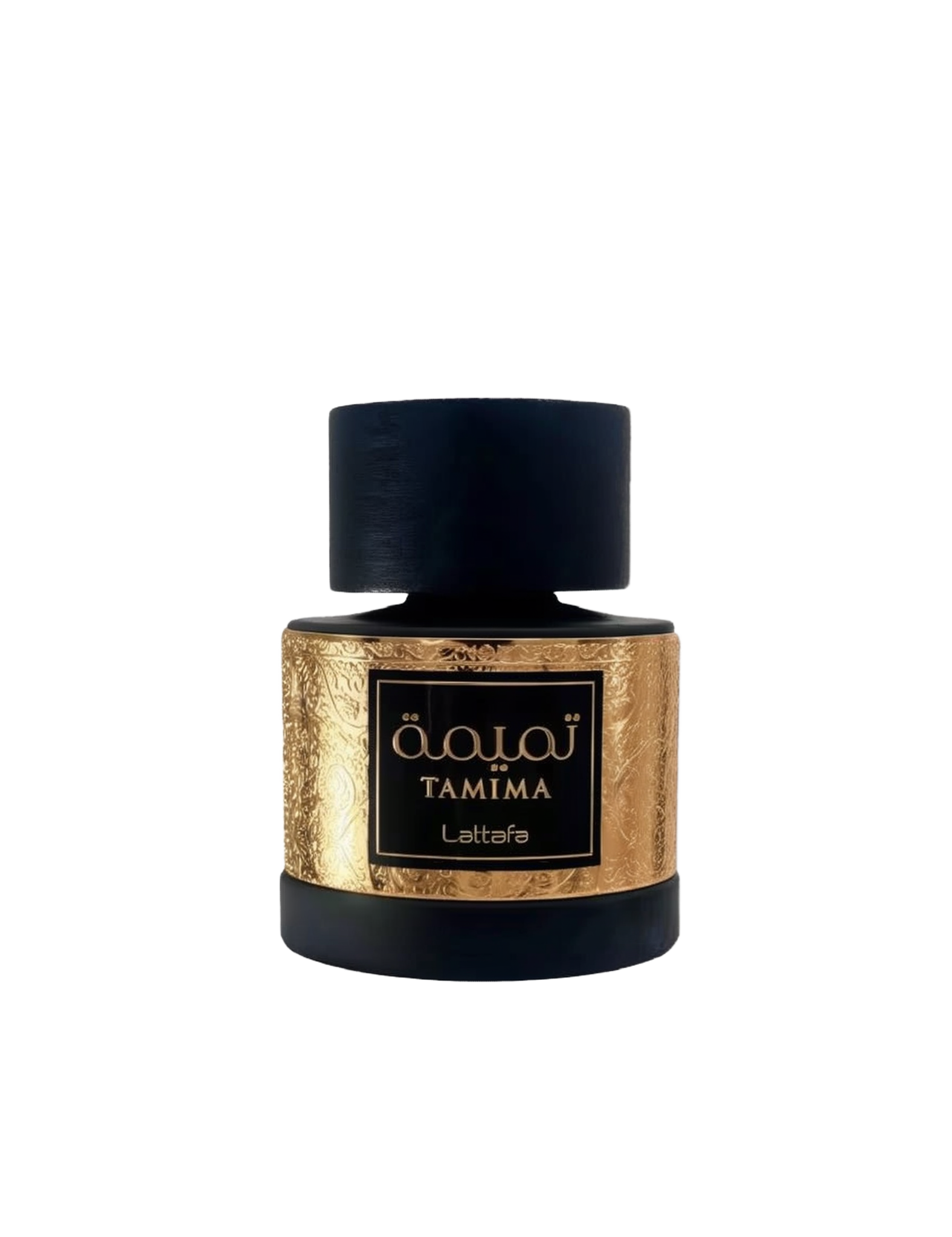 The image shows a perfume bottle from Lattafa named "Tamima." The bottle has a round, stout shape with a matte black finish. The label area features a gold, intricately patterned design that wraps around the bottle, with the name "Tamima" written in Arabi