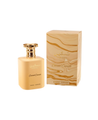 A rectangular beige box with gold, marble-like swirls, labeled “Taskeen Caramel Cascade” by Paris Corner, shown alongside a matching beige perfume bottle with gold lettering and a decorative gold cap.