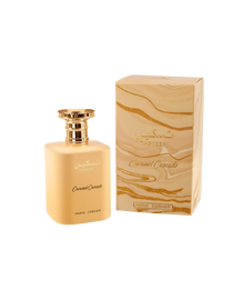 A rectangular beige box with gold, marble-like swirls, labeled “Taskeen Caramel Cascade” by Paris Corner, shown alongside a matching beige perfume bottle with gold lettering and a decorative gold cap.