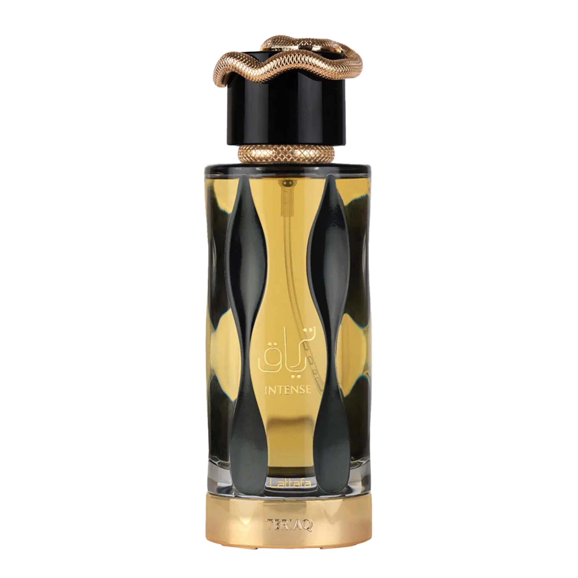 A tall cylindrical perfume bottle with black wavy patterns, golden liquid and a gold coiled snake cap.
