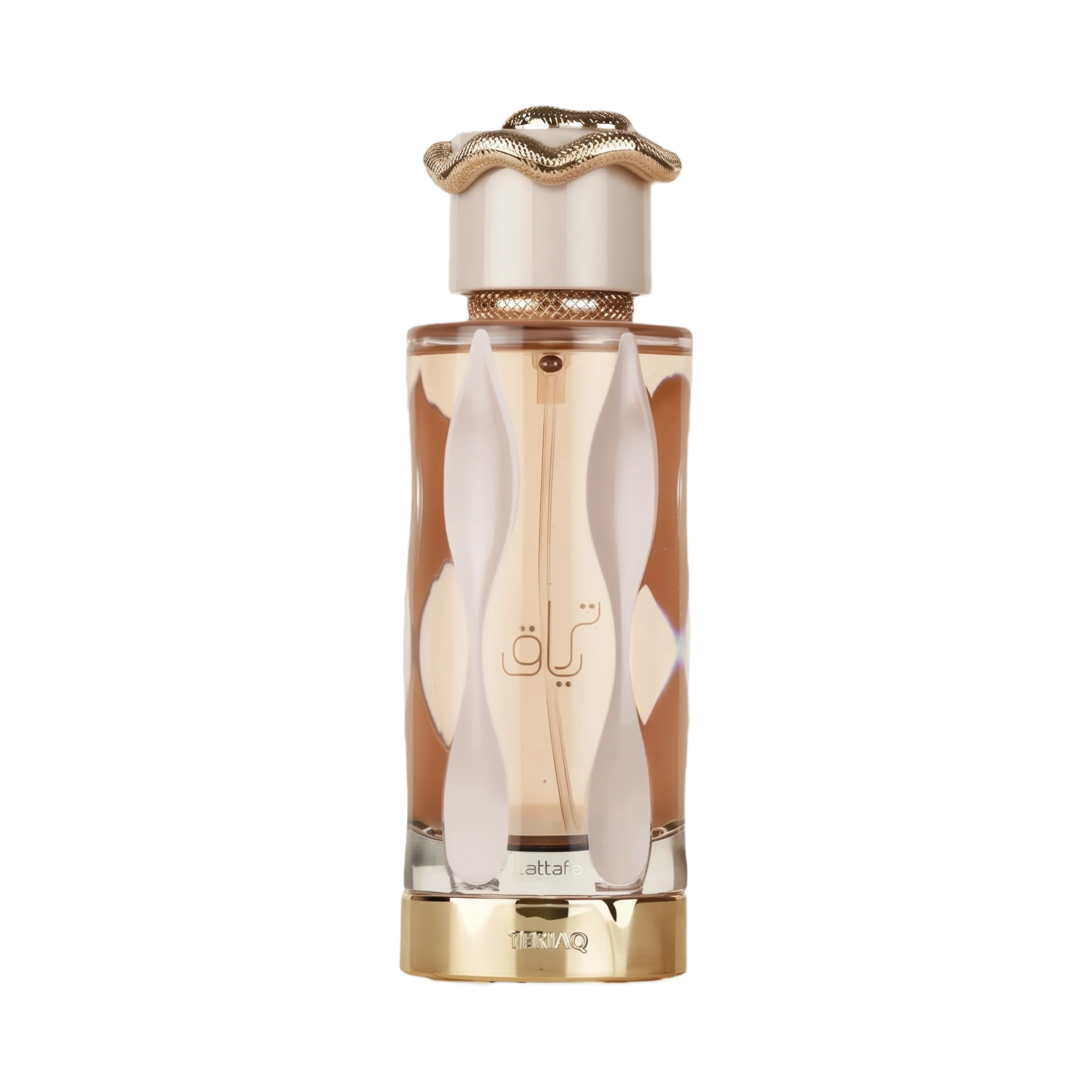 The bottle has a sleek, elongated shape with a clear glass revealing the amber-colored perfume inside.