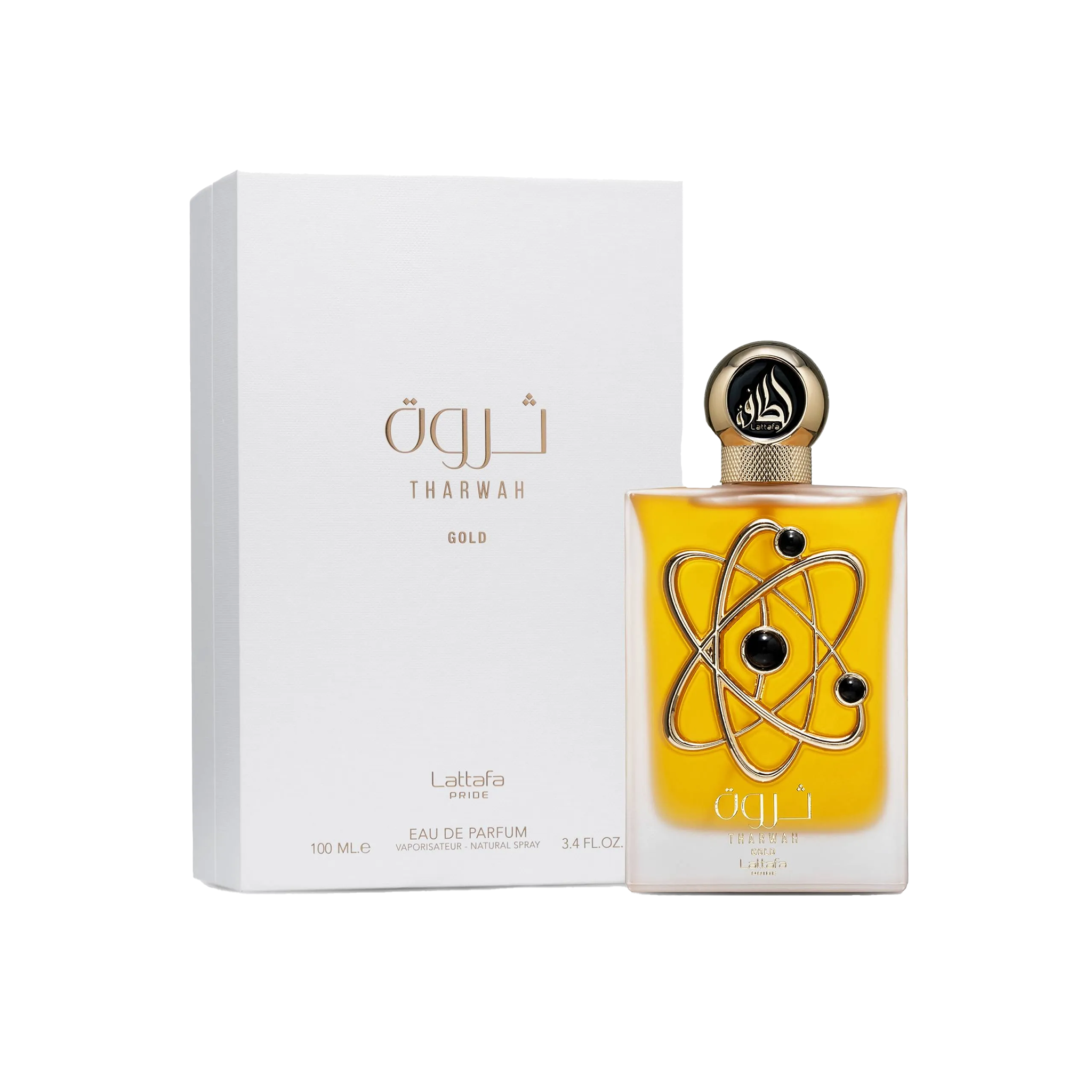 Tharwah Gold by Lattafa, featuring a luxurious fragrance bottle with metallic  design and matching white and gold gift box.